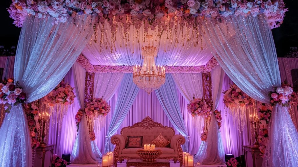 Romantic wedding stage with white draping, purple and pink uplighting, a crystal chandelier, and a white and gold sofa.